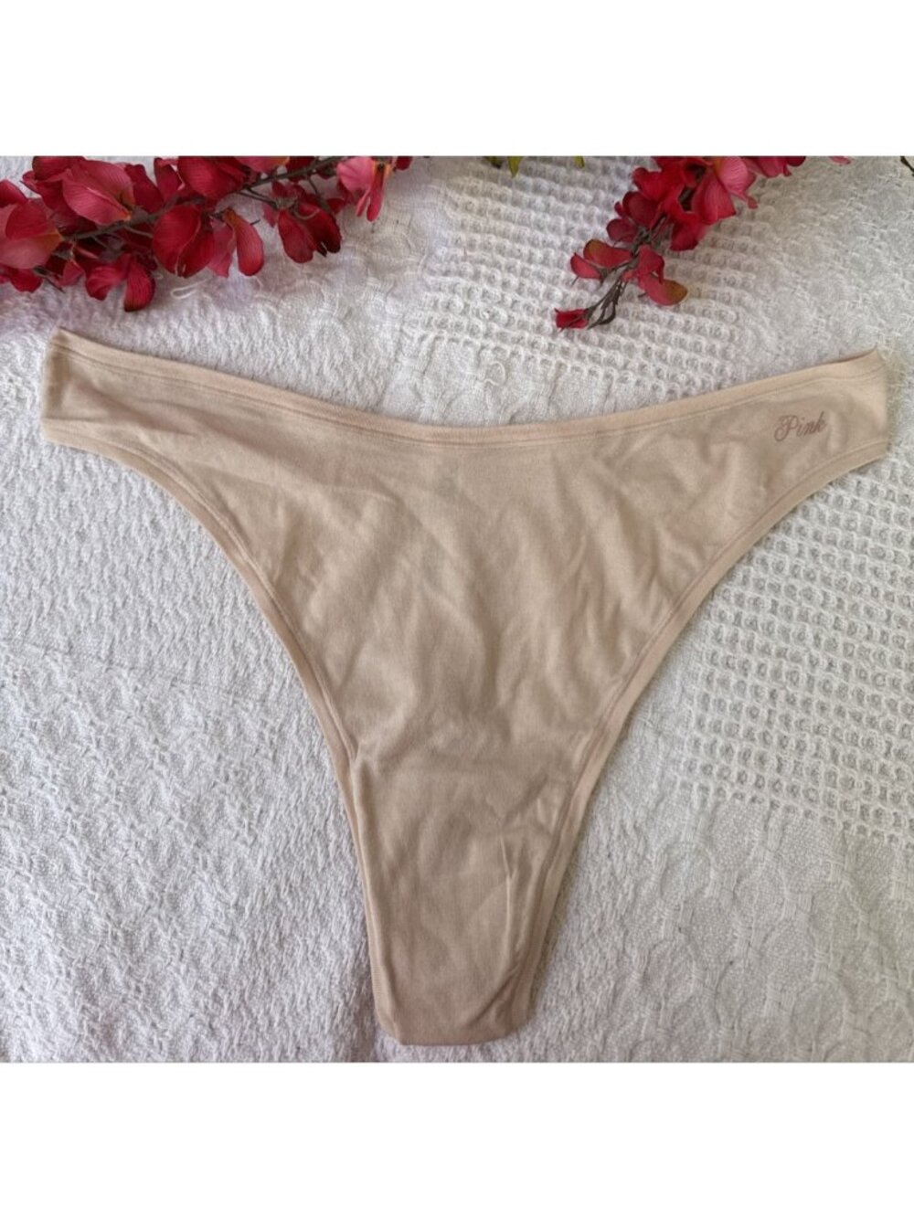 PINK VICTORIA'S SECRET XL CREAM NUDE SOFT COTTON BLEND THONG PANTIES NWT